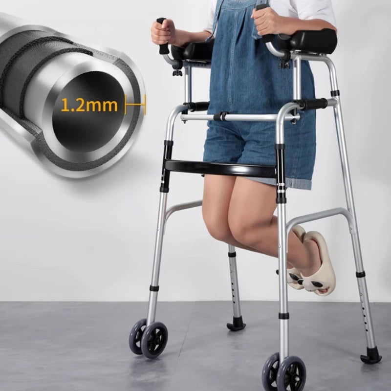 Rehabilitative Four-Legged Cane with Seat Elderly Non-Slip Walking Stick Portable and Foldable Trolley Walker