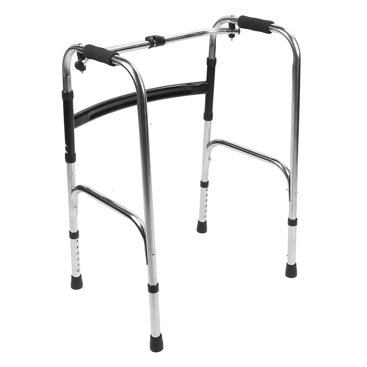 Elderly Folding Walker Thickened Crossbar Silver Black Portable Folding Walker Stainless Steel Height Adjustment for Daily Use