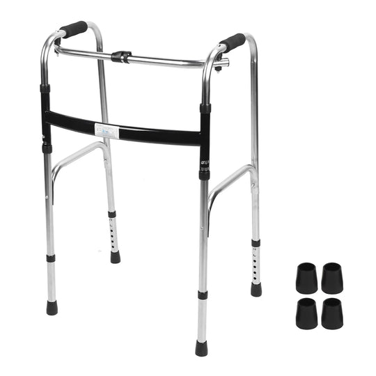 Elderly Folding Walker Thickened Crossbar Silver Black Portable Folding Walker Stainless Steel Height Adjustment for Daily Use