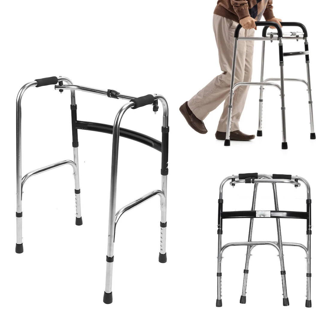 Elderly Folding Walker Thickened Crossbar Silver Black Portable Folding Walker Stainless Steel Height Adjustment for Daily Use