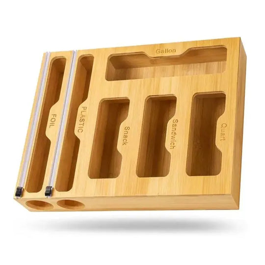 Bamboo Organizer Wall Mount Wood Multi Layer Plastic Wrap Dispenser Cutter Cling Film Holder Storage Box Kitchen Accessories