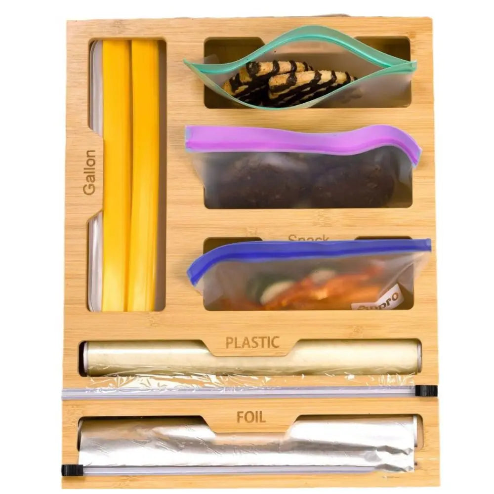 Bamboo Organizer Wall Mount Wood Multi Layer Plastic Wrap Dispenser Cutter Cling Film Holder Storage Box Kitchen Accessories