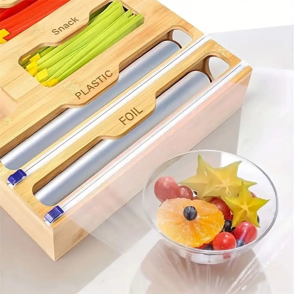 Bamboo Organizer Wall Mount Wood Multi Layer Plastic Wrap Dispenser Cutter Cling Film Holder Storage Box Kitchen Accessories