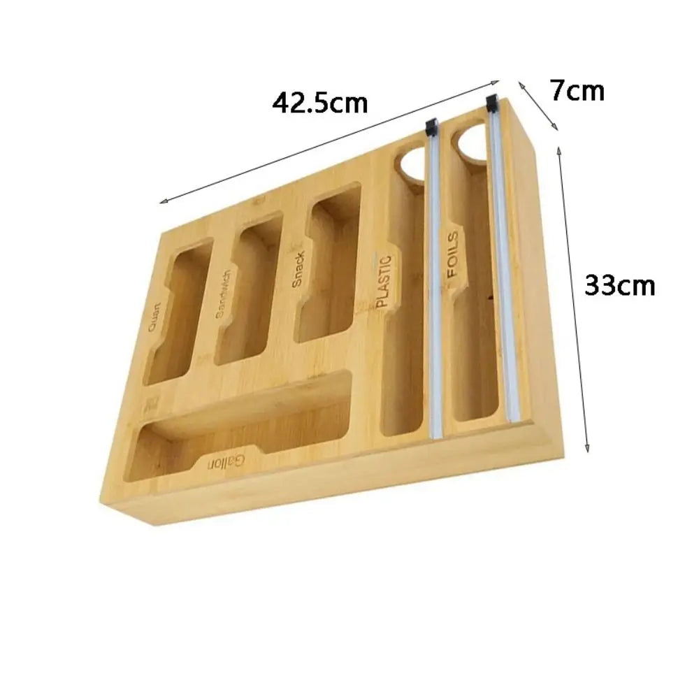 Bamboo Organizer Wall Mount Wood Multi Layer Plastic Wrap Dispenser Cutter Cling Film Holder Storage Box Kitchen Accessories