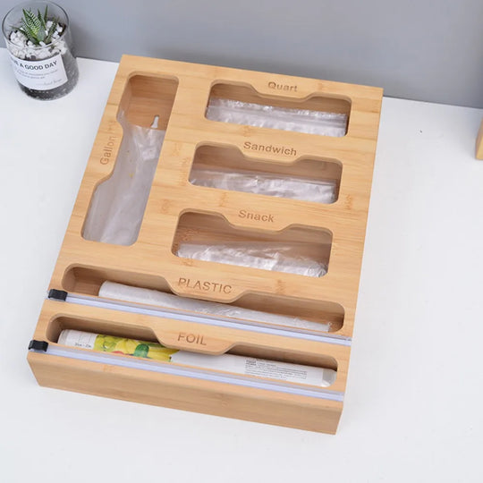 Bamboo Organizer Wall Mount Wood Multi Layer Plastic Wrap Dispenser Cutter Cling Film Holder Storage Box Kitchen Accessories