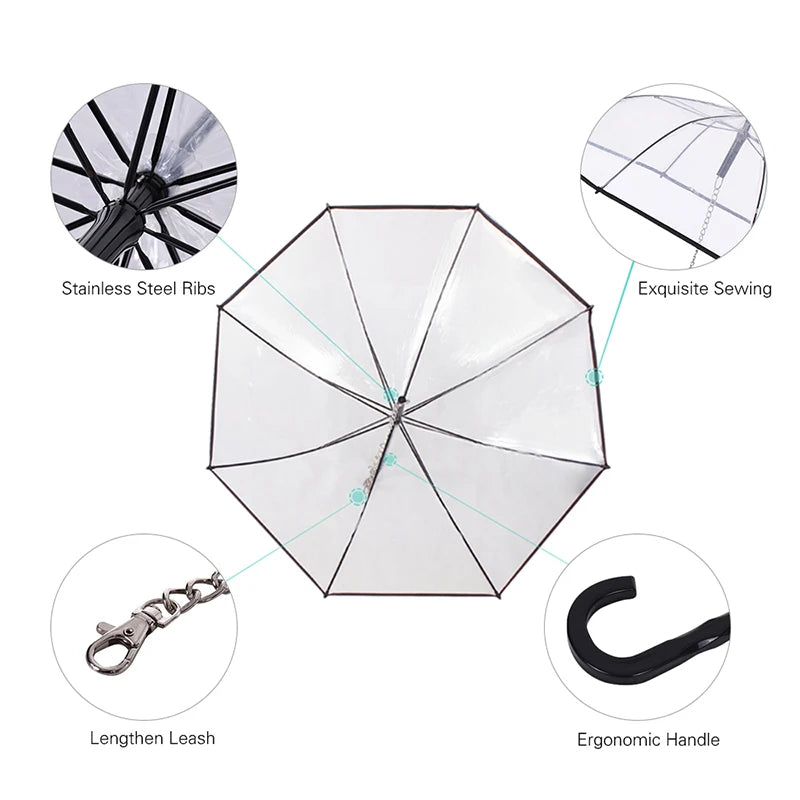 New Transparent Pet Umbrellas Small Dog Umbrella with Dog Leash Iron Chain as Raincoat for Dogs Beautiful Package Pet Supplies