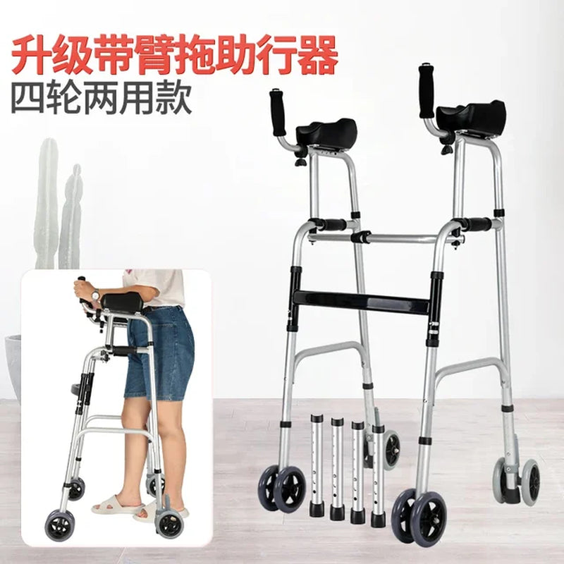 Rehabilitative Four-Legged Cane with Seat Elderly Non-Slip Walking Stick Portable and Foldable Trolley Walker